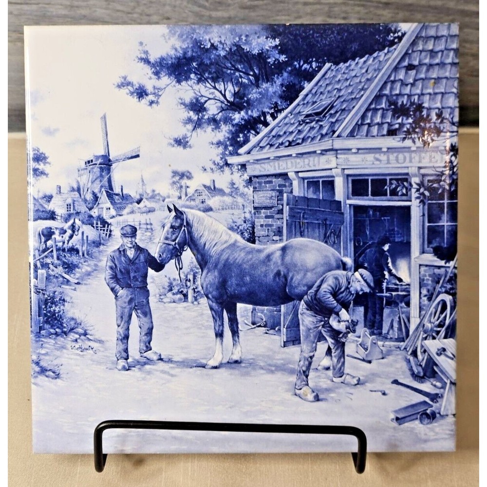 Vintage Royal Mosa Holland Tile Hand Crafted Blue Delft Horse Farrier Shoeing